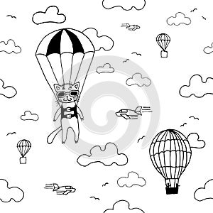 Hand drawn seamless vector pattern with skydiver cat, air baloon, planes and clouds. Design concept for kids textile print, wallpa