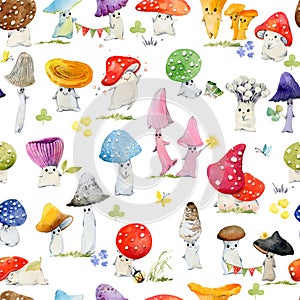 Hand Drawn Seamless Waterco Pattern with Cute Kawaii Mushrooms. Cute drawing doodle cartoon characters.