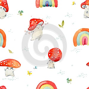 Hand Drawn Seamless Waterco Pattern with Cute Kawaii Mushrooms. Cute drawing doodle cartoon characters.