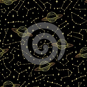 Hand drawn seamlesss pattern with gold zodiac constellations and planets