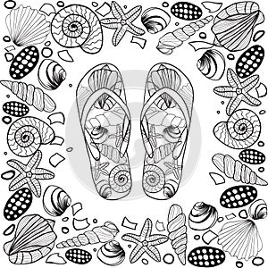 Hand drawn Seashell border frame with Flip flop