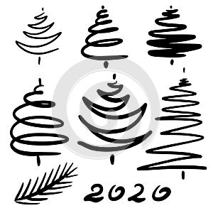 Hand-drawn set of abstract Christmas trees. Clip art for design holidays New Year and Christmas. Black contours, Isolated o