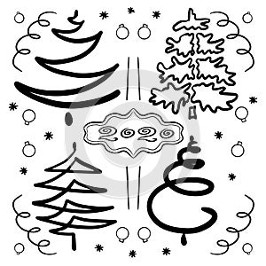 Hand-drawn set of abstract Christmas trees. Clip art for design holidays New Year and Christmas. Black contours, lines