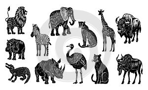 Hand drawn set with african animals in linocut style. Isolated on white background.