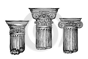 Hand drawn set architectural classical orders. Sketch vector illustration photo