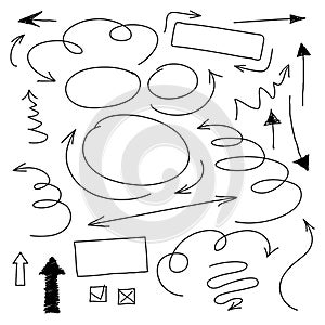 Hand drawn set arrows, frames and borders in cartoon style. Doodle vector design elements for infographics, graphic and