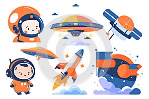 Hand Drawn Set of astronauts and space objects in flat style