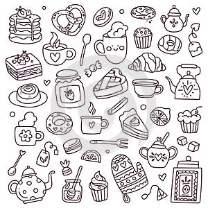 Hand drawn set of bakery and baking elements, teatime. Doodle sketch style. Vector illustration for menu, frame, recipe