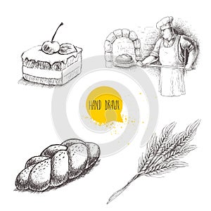 Hand drawn set bakery illustrations. Baker making fresh bread in stone oven, cream chocolate cake with cherry, fresh sesame bun an