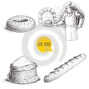 Hand drawn set bakery illustrations. Baker making fresh bread in stone oven, sesame bagel, fresh baguette and flour sack