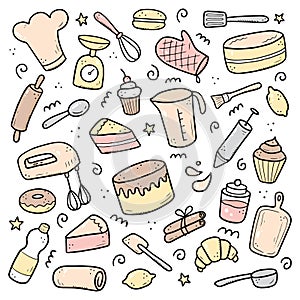 Hand drawn set of baking and cooking elements