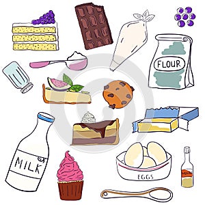 Hand drawn set of baking ingredients and desserts. Cake, chocolate and cookie. Vector illustration