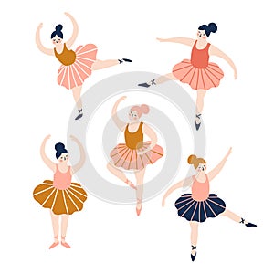 Hand drawn set of ballerinas. Cute dancing girls isolated on the white background. Vector vintage illustration