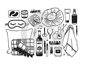 Hand drawn set with beauty products. Black and white Bath vector