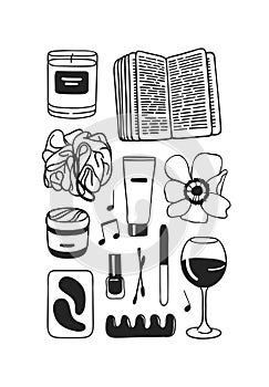 Hand drawn set with beauty products. Black and white Bath vector