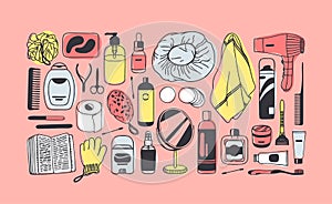 Hand drawn set with beauty products. Pink Bath vector background