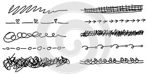 Hand drawn set of Border, underline, curly swishes, swashes, swoops. swirl, scribble. Highlight text elements