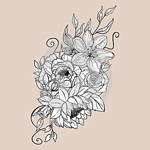 Hand drawn set of bouquet flowers and leaves. Peony, rose, lily, lotus elements. Floral summer collection. Decorative composition