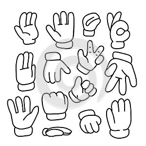 Hand drawn set of Cartoon hands in different gestures. Linear Hands in white gloves. Element for your design. Vector