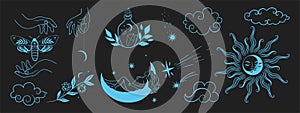Hand drawn set of celestial bodies and mystic magical elements. Vector graphics