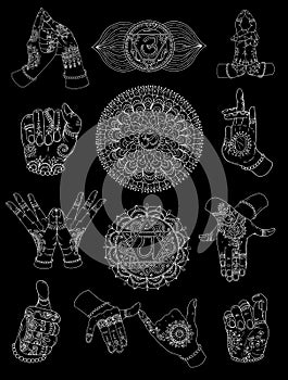 Hand drawn set with chakras and mudras on black