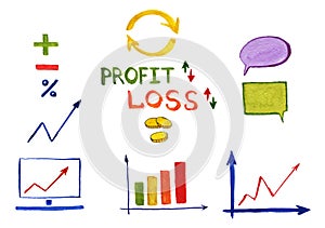 Hand drawn set of charts, graphs, symbols, diagrams. Words: `profit`, `loss`.