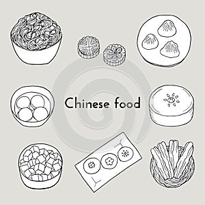 Hand drawn set of Chinese cuisine with noodle, mapo tofu, niangao, dumplings, tangyuan, hee pan, youtiao, mooncake. Design element