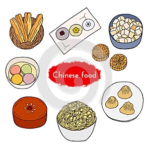 Hand drawn set of Chinese cuisine with noodle, mapo tofu, niangao, dumplings, tangyuan, hee pan, youtiao, mooncake. Design element photo