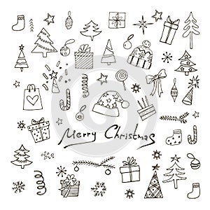 Hand drawn set of Christmas decoration icons in doodle style