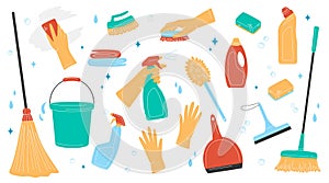 Hand drawn set of cleaning supplies, bottles, brush, spray, sponge, gloves. Housework and cleaning concept. Various Cleaning items