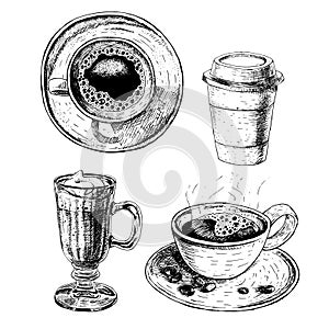 Hand drawn set of coffee cup, glass cup with latte or cappuccino, paper cup. Vector sketch