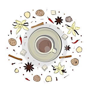 Hand drawn set of coffee mug and spices cinnamon sticks, cloves, star anise, sugar, pepper, vanilla, ginger. Vector