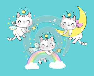 Hand drawn Set Cute Magic cats with wings and wand. Fairytale character kitten sleeps on the moon and on the rainbow. Vector