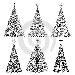 Hand drawn set of decorative Christmas tree with star. Happy New Year ornate elements for winter holidays, abstract Christmas