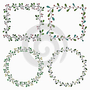 Hand drawn set of different floral vector wreath with green leaves, herbs forest round, cute rustic frame.