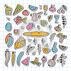 Hand drawn set of different food and drinks. Doodle style. Healthy food ingredients. Stickers