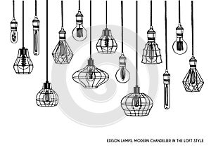 Hand drawn set of different geometric loft lamps and iron lampshade photo