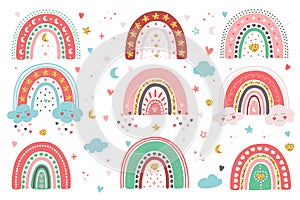 Hand drawn set of different rainbows with hearts, clouds, stars, moon. Cute pastel collection isolated on white background.