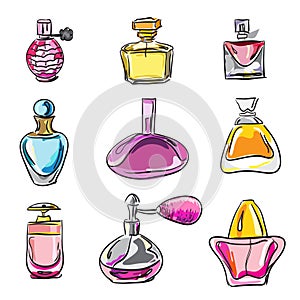 Hand drawn Set of different type of parfume bottles