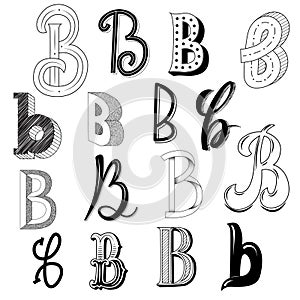 Hand drawn set of different writing styles for letter B