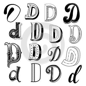 Hand drawn set of different writing styles for letter d