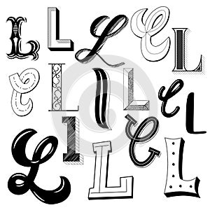 Hand drawn set of different writing styles for letter L