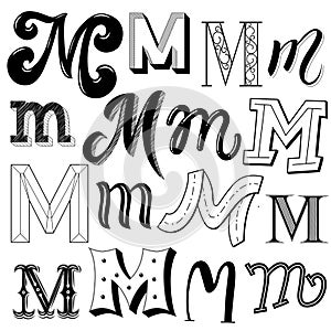 Hand drawn set of different writing styles for letter M