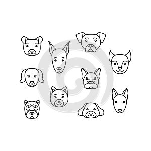 Hand-drawn set of dog face. Dogs doodle style. Vector illustration isolated on white background. Decoration for greeting cards,