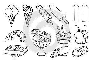 Hand drawn set of doodle with different ice cream types: waffle cone, cup ice cream, popsicle