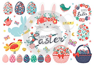 Hand drawn set of Easter eggs, chicken, rabbit, bunny, chick in eggshell, flowers, butterfly, wreaths, baskets, carrots, hearts,