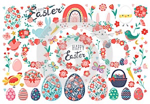 Hand drawn set of Easter eggs, chicken, rabbit, bunny, chick in eggshell, flowers, butterfly, wreaths, baskets, carrots, rainbow,