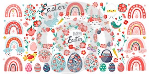 Hand drawn set of Easter eggs, chicken, rabbit, bunny, chick in eggshell, flowers, butterfly, wreaths, baskets, carrots, rainbows