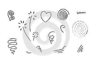 Hand drawn set element,black on white background.heart,light,emphasis,swirl,for concept design