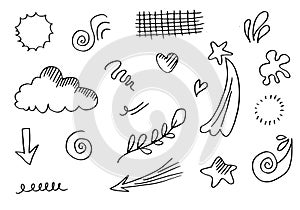 Hand drawn set elements, black on white background. Arrow, cloud, heart, love, star, leaf, sun, light, flower, Swishes, swoops,